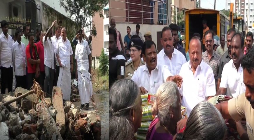 திருவேற்காட்டில்  வெள்ளம் சூழ்ந்த பகுதிகளில்.அமைச்சர் எம்.ஆர்.கே. ஆய்வு