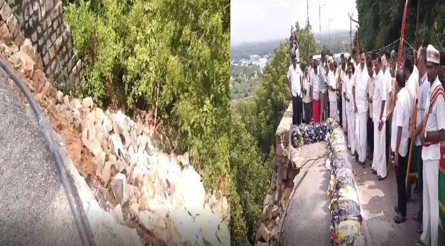 திருத்தணி முருகன் கோவில்  மலைபாதை  சேதத்தை ஆய்வு செய்த அமைச்சர் காந்தி