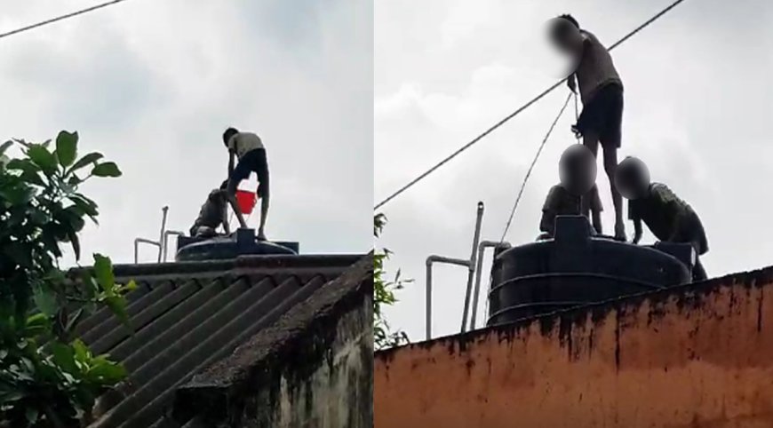 அரசு பள்ளியில் நீர்த்தேக்க தொட்டியை சுத்தம் செய்த 4ம் வகுப்பு மாணவர்கள்!