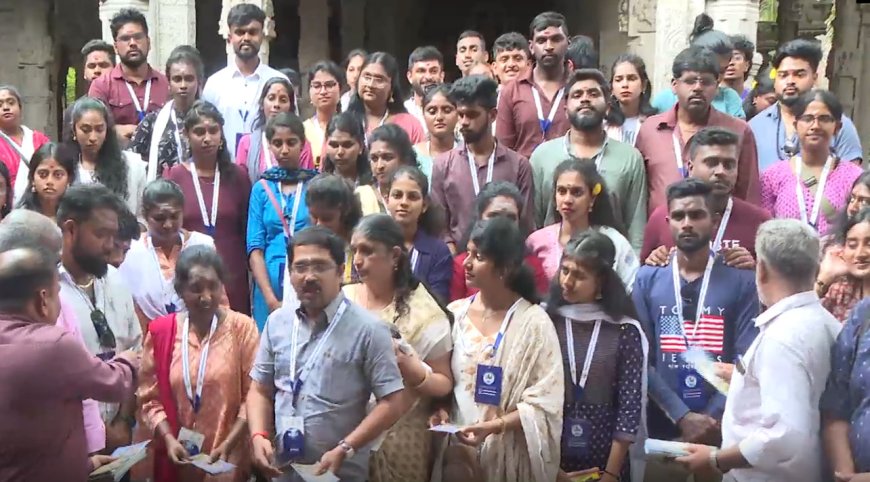 வெளிநாடுவாழ் தமிழ் இளைஞர்களுக்கு நெல்லையப்பர் கோவிலில் மேளதாளம் முழங்க வரவேற்பு 