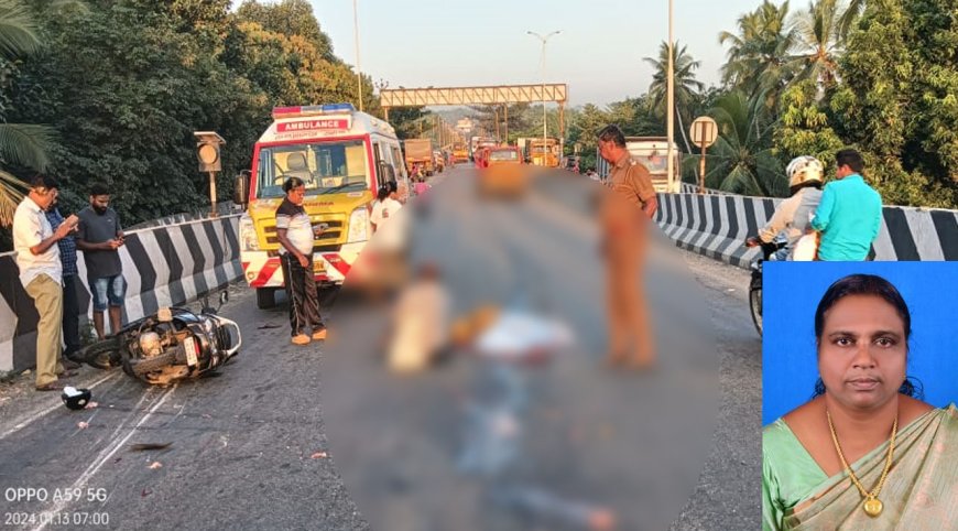 மார்த்தாண்டத்தில் டாரஸ் லாரி மோதி பள்ளி ஆசிரியை தலை நசுங்கி பலி-போலீஸ் விசாரணை
