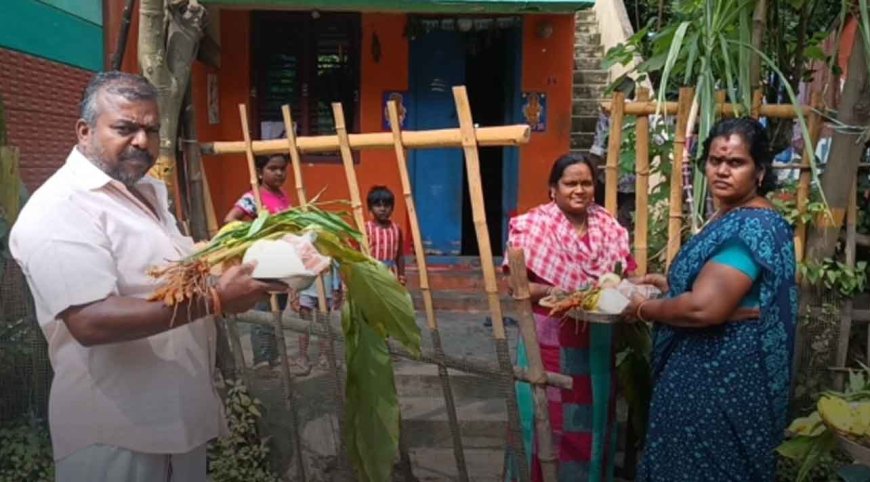 வீடு வீடாகச்சென்று பொங்கல் பண்டிகைக்கு சில்வர் தாம்பாளத்துடன் சீர்வரிசை  -  அசத்திய ஊராட்சி மன்றத்தலைவர்