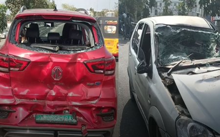 பிரேக்டவுனாகி நின்ற கார் - பின்னால் வந்த லாரி, கார் அடுத்தடுத்து மோதி விபத்து!
