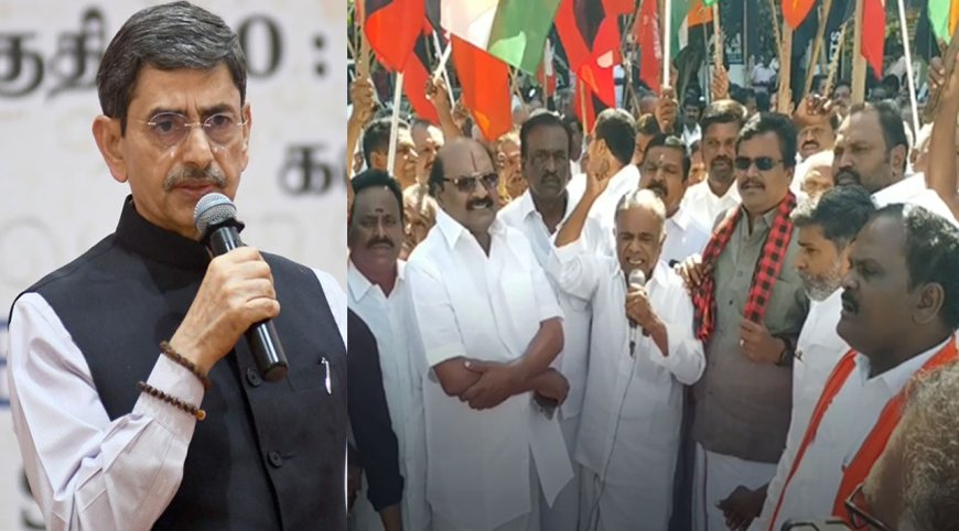 தேனியில் ஆளுநர் ஆர்.என்.ரவிக்கு எதிர்ப்பு-திமுக கூட்டணி கட்சியினர் போராட்டம் 