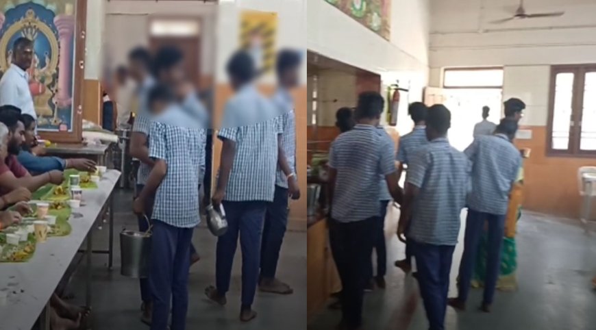 படிக்கும் மாணவர்களை எச்சில் இலையை  எடுக்க வைக்கலாமா?.. அறநிலையத்துறையின் செயலால் சர்ச்சை..