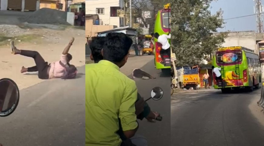 பேருந்து படியில் ஆபத்தான பயணம்-கீழே விழுந்து மாணவர் காயங்களுடன் உயிர் தப்பிய பதைபதைக்கும் வீடியோ காட்சி