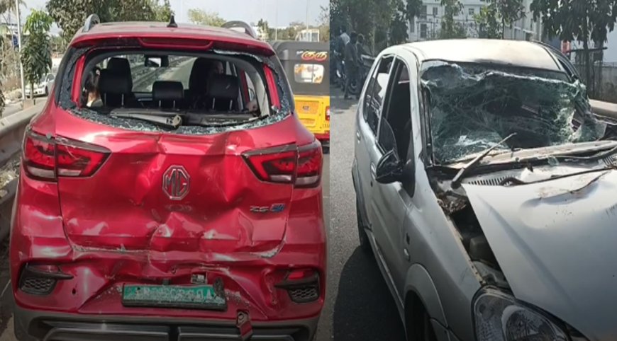பிரேக்டவுனாகி நின்ற கார் - பின்னால் வந்த லாரி, கார் அடுத்தடுத்து மோதி விபத்து!
