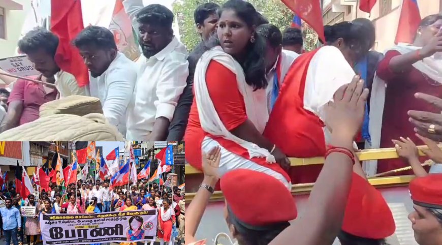 சிறுமி படுகொலைக்கு நீதி கேட்டு தொடரும் போராட்டம்... பேரிகார்டு மீது ஏறிய பெண்கள்...
