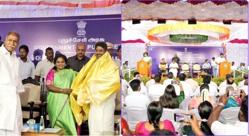 புதுச்சேரியில் புதிய அமைச்சராக பதவியேற்றார் திருமுருகன்... பதவிப் பிரமாணம் செய்து வைத்த தமிழிசை...