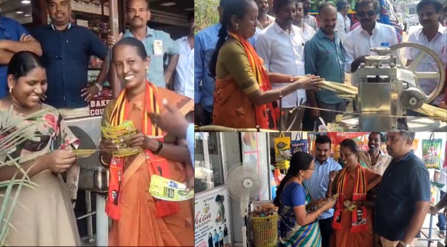 சின்னம் ஒதுக்கப்படாத நிலையில் பிரசாரத்தை தொடங்கிய நா.த.க. வேட்பாளர்... கரும்புச்சாறு தயாரித்து வாக்கு சேகரிப்பு...